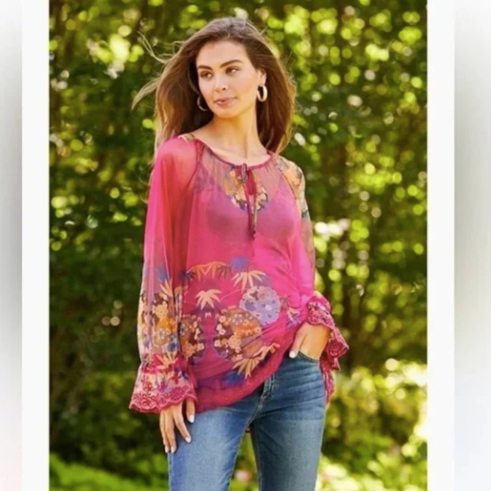 Johnny Was Pink Floral Sheer Boho Blouse
